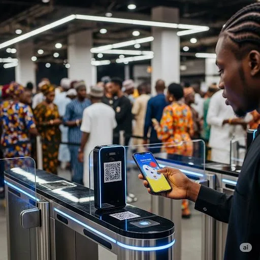 Visiteur présentant son QR code sur smartphone à un lecteur de tourniquet