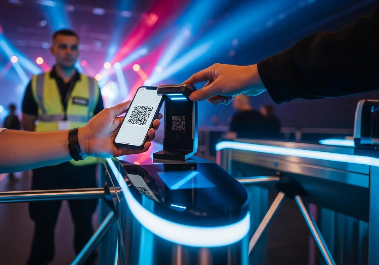 Smartphone affichant un QR code devant le lecteur d’un tourniquet événementiel